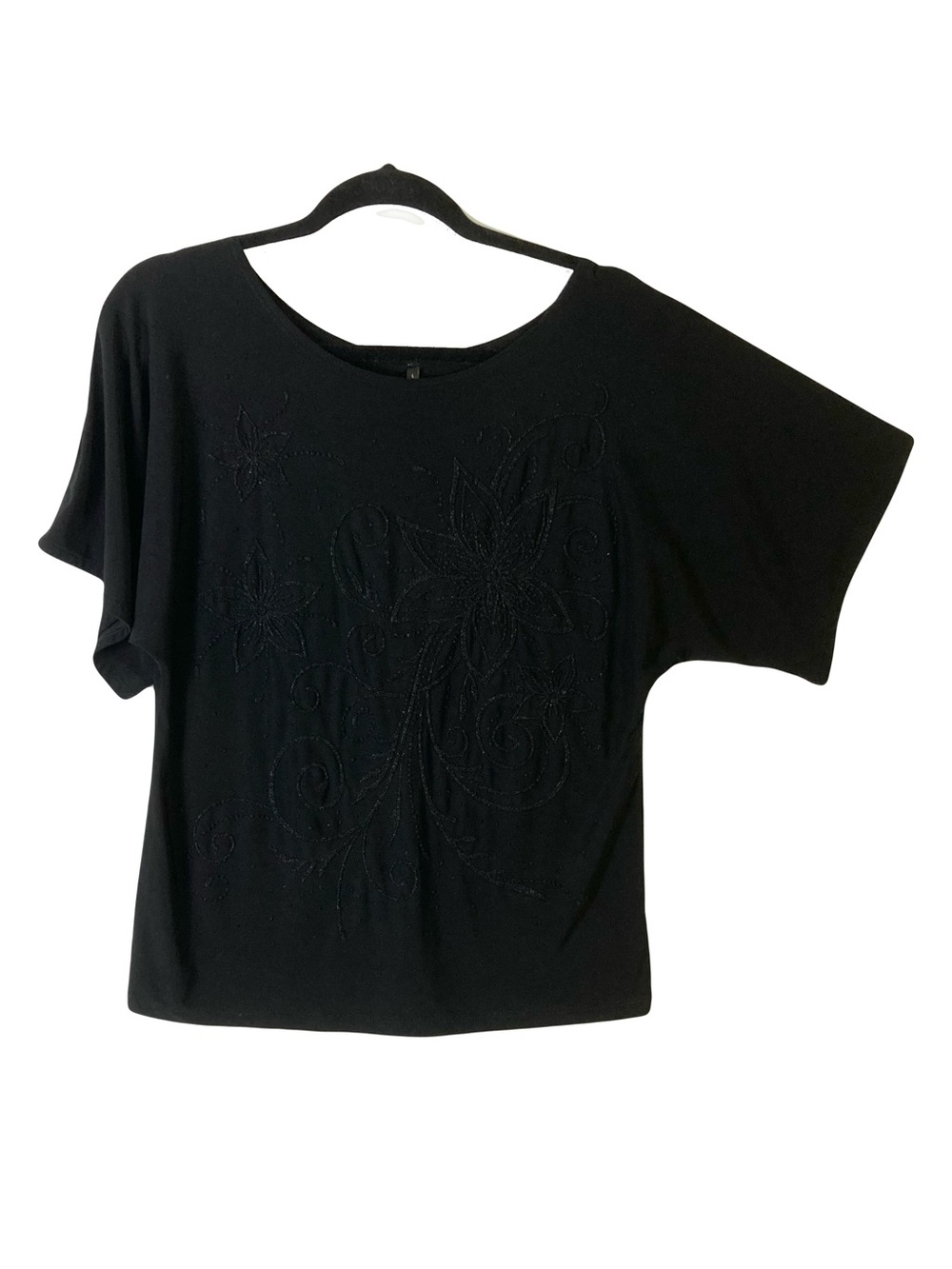 BLEEKER & MCDOUGAL Blouse M Black Glitter Floral Half-Flared-Short-Sleeve